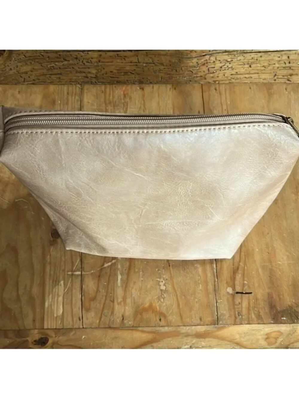 𝅺anthropologie tan faux leather cosmetic case make up bag clutch carryall